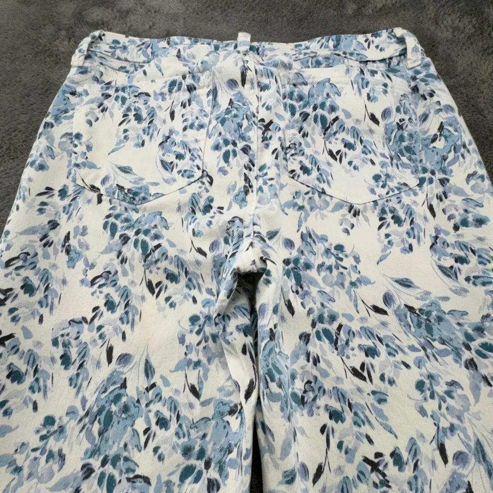 NYDJ Petite Floral Print Cropped Pants Size 8P‎ White Blue Slim Leg